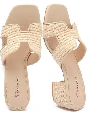 Women's Beige Raffia Square Open Low Block Chunky Heels Slip On Slides Sandals